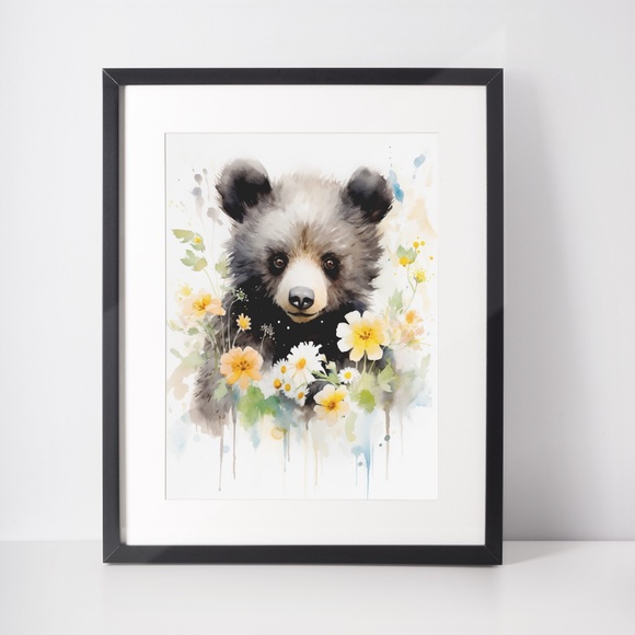 Watercolor Floral Black Bear Portrait Wall Art Illustration Print Unframed - Picture 3 of 5